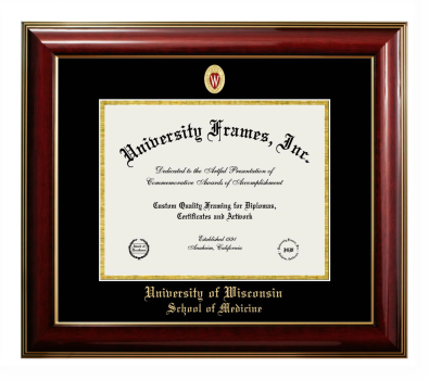 University of Wisconsin (Madison) School of Medicine Diploma Frame in Classic Mahogany with Gold Trim with Black & Gold Mats for document: 8 1/2"h x 11"w  