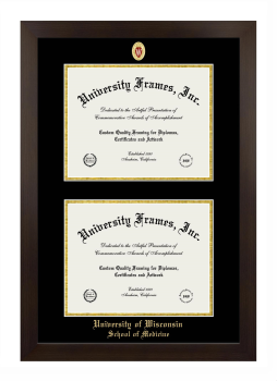 University of Wisconsin (Madison) School of Medicine Double Degree (Stacked) Frame in Manhattan Espresso with Black & Gold Mats for document: 8 1/2"h x 11"w  , document: 8 1/2"h x 11"w  