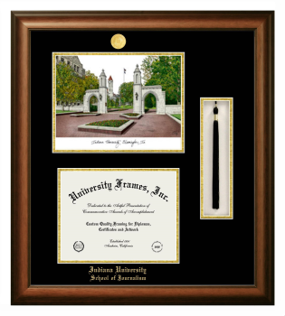 Indiana University School of Journalism Double Opening with Campus Image & Tassel Box (Stacked) Frame in Satin Walnut with Black & Gold Mats for document: 8 1/2"h x 11"w  