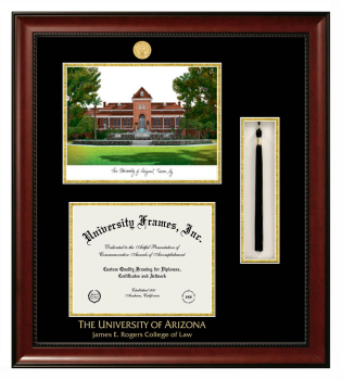 University of Arizona James E. Rogers College of Law Double Opening with Campus Image & Tassel Box (Stacked) Frame in Avalon Mahogany with Black & Gold Mats for document: 8 1/2"h x 11"w  