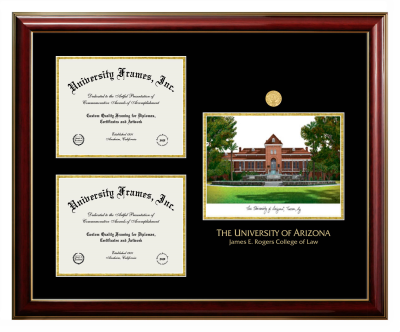 University of Arizona James E. Rogers College of Law Triple Opening with Campus Image Frame in Classic Mahogany with Gold Trim with Black & Gold Mats for document: 8 1/2"h x 11"w  , document: 8 1/2"h x 11"w  