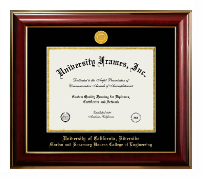 University of California Riverside Marlan and Rosemary Bourns College of Engineering Diploma Frame in Classic Mahogany with Gold Trim with Black & Gold Mats for document: 8 1/2"h x 11"w  
