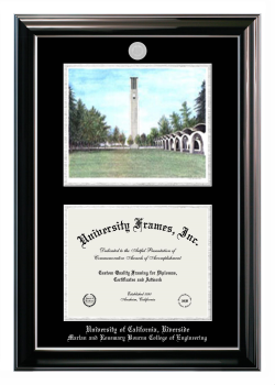 University of California Riverside Marlan and Rosemary Bourns College of Engineering Double Opening with Campus Image (Stacked) Frame in Classic Ebony with Silver Trim with Black & Silver Mats for document: 8 1/2"h x 11"w  