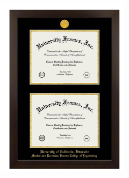 University of California Riverside Marlan and Rosemary Bourns College of Engineering Double Degree (Stacked) Frame in Manhattan Espresso with Black & Gold Mats for document: 8 1/2"h x 11"w  , document: 8 1/2"h x 11"w  