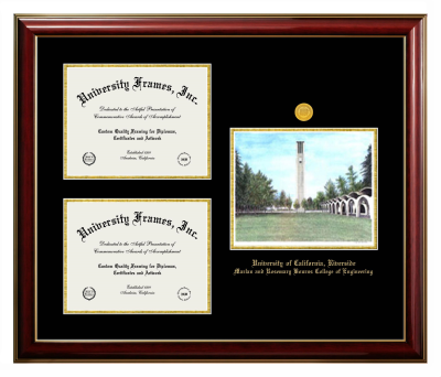 University of California Riverside Marlan and Rosemary Bourns College of Engineering Triple Opening with Campus Image Frame in Classic Mahogany with Gold Trim with Black & Gold Mats for document: 8 1/2"h x 11"w  , document: 8 1/2"h x 11"w  