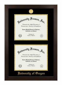 University of Oregon Double Degree (Stacked) Frame in Manhattan Espresso with Black & Gold Mats for document: 8 1/2"h x 11"w  , document: 8 1/2"h x 11"w  