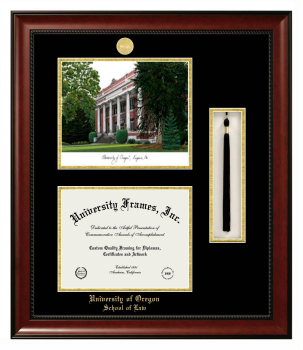 University of Oregon School of Law Double Opening with Campus Image & Tassel Box (Stacked) Frame in Avalon Mahogany with Black & Gold Mats for document: 8 1/2"h x 11"w  