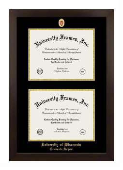 University of Wisconsin (Madison) Graduate School Double Diploma Frame in Manhattan Espresso with Black & Gold Mats for DOCUMENT: 8 1/2"H X 11"W  , DOCUMENT: 8 1/2"H X 11"W  