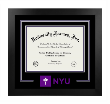 New York University Logo Mat Frame in Manhattan Black with Black & Purple Mats for DOCUMENT: 8 1/2"H X 11"W  