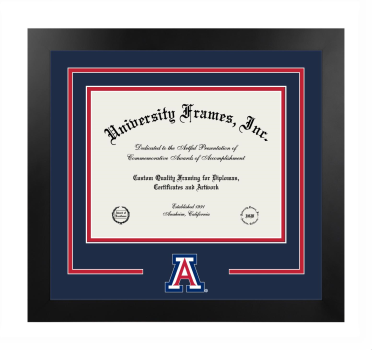University of Arizona Logo Mat Frame in Manhattan Black with Navy Blue & Red Mats for DOCUMENT: 8 1/2"H X 11"W  