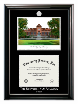 University of Arizona South Double Opening with Campus Image (Stacked) Frame in Classic Ebony with Silver Trim with Black & Silver Mats for document: 8 1/2"h x 11"w  