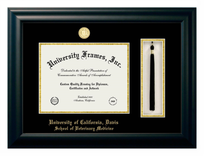 University of California Davis School of Veterinary Medicine Diploma with Tassel Box Frame in Satin Black with Black & Gold Mats for DOCUMENT: 8 1/2"H X 11"W  