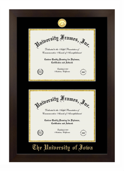 University of Iowa Double Degree (Stacked) Frame in Manhattan Espresso with Black & Gold Mats for document: 8 1/2"h x 11"w  , document: 8 1/2"h x 11"w  