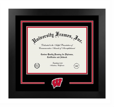 University of Wisconsin (Madison) Logo Mat Frame in Manhattan Black with Black & Red Mats for DOCUMENT: 8 1/2"H X 11"W  