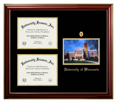 University of Wisconsin (Madison) Triple Opening with Campus Image Frame in Classic Mahogany with Gold Trim with Black & Gold Mats for document: 8 1/2"h x 11"w  , document: 8 1/2"h x 11"w  