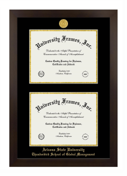Arizona State University Thunderbird School of Global Management Double Degree (Stacked) Frame in Manhattan Espresso with Black & Gold Mats for DOCUMENT: 8 1/2"H X 11"W  , DOCUMENT: 8 1/2"H X 11"W  