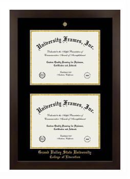 Grand Valley State University College of Education Double Degree (Stacked) Frame in Manhattan Espresso with Black & Gold Mats for document: 8 1/2"h x 11"w  , document: 8 1/2"h x 11"w  