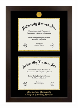 Midwestern University College of Veterinary Medicine (Glendale, AZ) Double Degree (Stacked) Frame in Manhattan Espresso with Black & Gold Mats for document: 8 1/2"h x 11"w  , document: 8 1/2"h x 11"w  