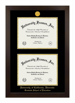 University of California Riverside Graduate School of Education Double Degree (Stacked) Frame in Manhattan Espresso with Black & Gold Mats for document: 8 1/2"h x 11"w  , document: 8 1/2"h x 11"w  