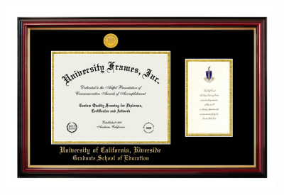 University of California Riverside Graduate School of Education Diploma with Announcement Frame in Petite Mahogany with Gold Trim with Black & Gold Mats for document: 8 1/2"h x 11"w  , diploma: 7"h x 4"w  