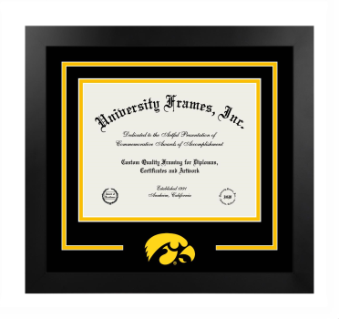 University of Iowa College of Law Logo Mat Frame in Manhattan Black with Black & Amber Mats for DOCUMENT: 8 1/2"H X 11"W  