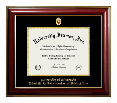 University of Wisconsin (Madison) Robert M. La Follette School of Public Affairs Diploma Frame in Classic Mahogany with Gold Trim with Black & Gold Mats for document: 8 1/2"h x 11"w  