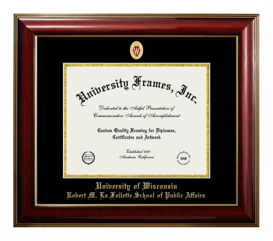 University of Wisconsin (Madison) Robert M. La Follette School of Public Affairs Diploma Frame in Classic Mahogany with Gold Trim with Black & Gold Mats for DOCUMENT: 8 1/2"H X 11"W  