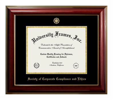 Society of Corporate Compliance and Ethics Diploma Frame in Classic Mahogany with Gold Trim with Black & Gold Mats for DOCUMENT: 8 1/2"H X 11"W  
