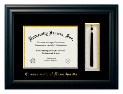 Commonwealth of Massachusetts Diploma with Tassel Box Frame in Satin Black with Black & Gold Mats for DOCUMENT: 8 1/2"H X 11"W  