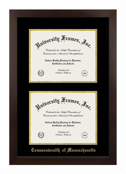 Commonwealth of Massachusetts Double Degree (Stacked) Frame in Manhattan Espresso with Black & Gold Mats for document: 8 1/2"h x 11"w  , document: 8 1/2"h x 11"w  