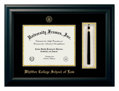 Whittier College School of Law Diploma with Tassel Box Frame in Satin Black with Black & Gold Mats for document: 8 1/2"h x 11"w  