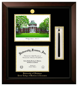 University of Delaware Lerner College of Business & Economics Double Opening with Campus Image & Tassel Box (Stacked) Frame in Legacy Black Cherry with Black & Gold Mats for document: 8 1/2"h x 11"w  