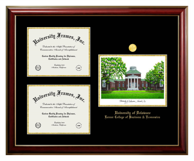 University of Delaware Lerner College of Business & Economics Triple Opening with Campus Image Frame in Classic Mahogany with Gold Trim with Black & Gold Mats for document: 8 1/2"h x 11"w  , document: 8 1/2"h x 11"w  