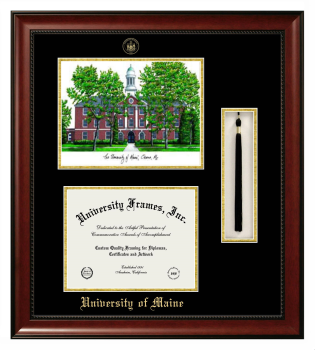University of Maine (at Orono) Double Opening with Campus Image & Tassel Box (Stacked) Frame in Avalon Mahogany with Black & Gold Mats for  8 1/2"h x 11"w  