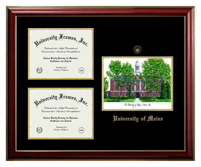 University of Maine (at Orono) Triple Opening with Campus Image Frame in Classic Mahogany with Gold Trim with Black & Gold Mats for  8 1/2"h x 11"w  ,  8 1/2"h x 11"w  