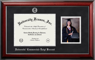 Universita Commerciale Luigi Bocconi Diploma with 5 x 7 Portrait Frame in Classic Mahogany with Silver Trim with Black Suede & Silver Mats for document: 8 1/2"h x 11"w  