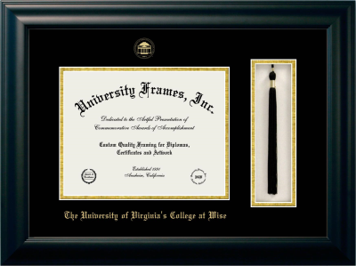 University of Virginia's College at Wise Diploma with Tassel Box Frame in Satin Black with Black & Gold Mats for document: 8 1/2"h x 11"w  