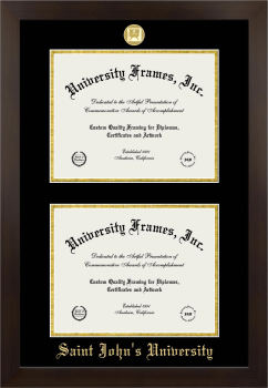 Saint John's University (Minnesota) Double Degree (Stacked) Frame in Manhattan Espresso with Black & Gold Mats for document: 8 1/2"h x 11"w  , document: 8 1/2"h x 11"w  