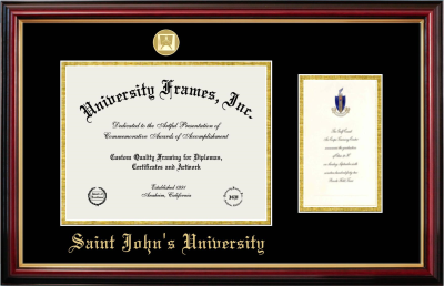 Saint John's University (Minnesota) Diploma with Announcement Frame in Petite Mahogany with Gold Trim with Black & Gold Mats for document: 8 1/2"h x 11"w  , diploma: 7"h x 4"w  