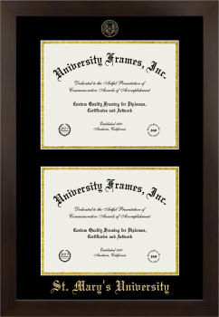 St. Mary’s University (San Antonio, TX) Double Degree (Stacked) Frame in Manhattan Espresso with Black & Gold Mats for document: 8 1/2"h x 11"w  , document: 8 1/2"h x 11"w  