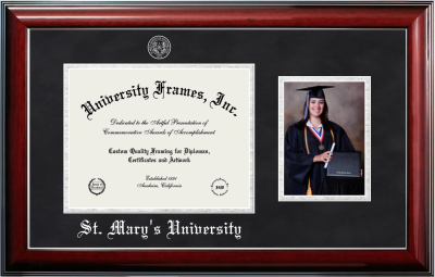 St. Mary’s University (San Antonio, TX) Diploma with 5 x 7 Portrait Frame in Classic Mahogany with Silver Trim with Black Suede & Silver Mats for document: 8 1/2"h x 11"w  