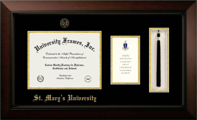 St. Mary’s University (San Antonio, TX) Diploma with Announcement & Tassel Box Frame in Legacy Black Cherry with Black & Gold Mats for document: 8 1/2"h x 11"w  , diploma: 7"h x 4"w  