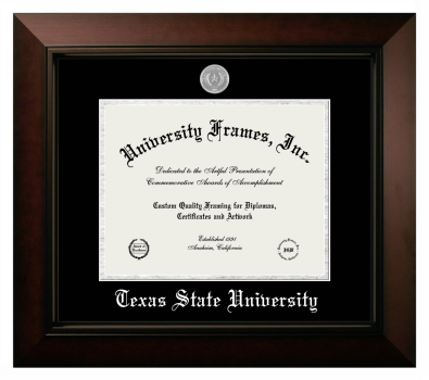 Texas State University Diploma Frame in Legacy Black Cherry with Black & Silver Mats for DOCUMENT: 8 1/2"H X 11"W  
