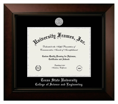 Texas State University College of Science and Engineering Diploma Frame in Legacy Black Cherry with Black & Silver Mats for document: 8 1/2"h x 11"w  