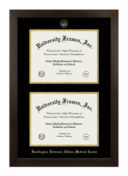 Huntington Veterans Affairs Medical Center Double Degree (Stacked) Frame in Manhattan Espresso with Black & Gold Mats for document: 8 1/2"h x 11"w  , document: 8 1/2"h x 11"w  