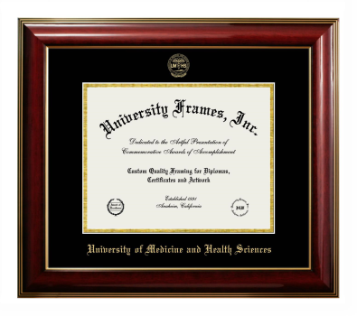 University of Medicine and Health Sciences Diploma Frame in Classic Mahogany with Gold Trim with Black & Gold Mats for DOCUMENT: 8 1/2"H X 11"W  