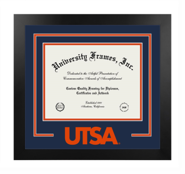 University of Texas at San Antonio Logo Mat Frame in Manhattan Black with Navy Blue & Orange Mats for DOCUMENT: 8 1/2"H X 11"W  
