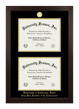 University of California Davis John Muir Institute of the Environment Double Degree (Stacked) Frame in Manhattan Espresso with Black & Gold Mats for document: 8 1/2"h x 11"w  , document: 8 1/2"h x 11"w  