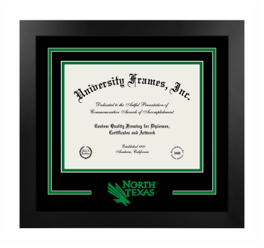 University of North Texas at Dallas Logo Mat Frame in Manhattan Black with Black & Kelly Green Mats for DOCUMENT: 8 1/2"H X 11"W  