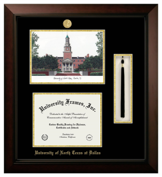University of North Texas at Dallas Double Opening with Campus Image & Tassel Box (Stacked) Frame in Legacy Black Cherry with Black & Gold Mats for  11"h x 14"w  